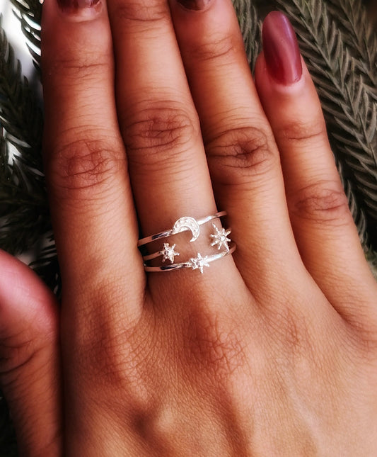 925 Sterling Silver Adjustable Moon Star Ring