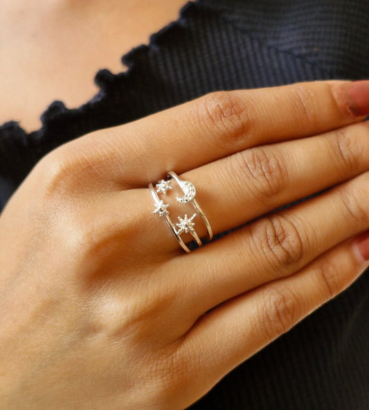 925 Sterling Silver Adjustable Moon Star Ring